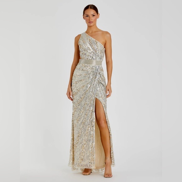 Mac Duggal - Silver Sequined One Shoulder Draped Lace Up Gown - Picture 1 of 13